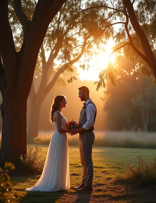 A wedding couple exchanging vows under large gum trees, bathed in golden light.