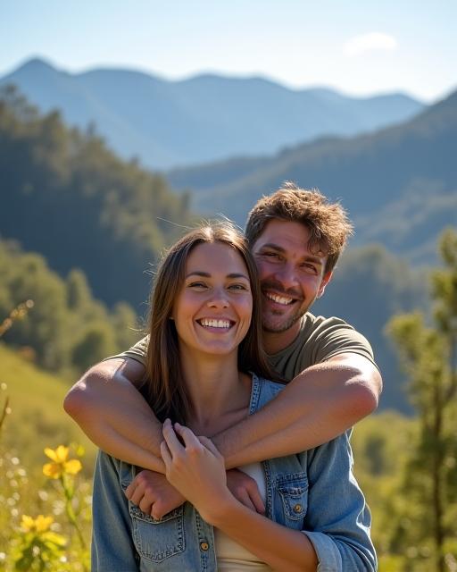 A joyful couple embracing in the picturesque Queensland hinterland, surrounded by natural beauty.