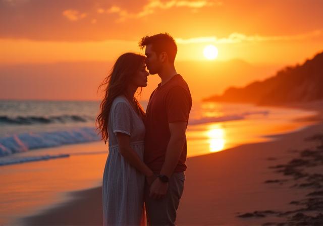 A couple sharing a tender moment on a secluded beach at sunset, bathed in warm, soft light.