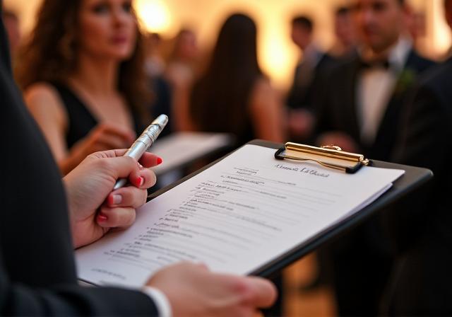 A wedding coordinator discreetly checking a timeline on a clipboard during a reception.