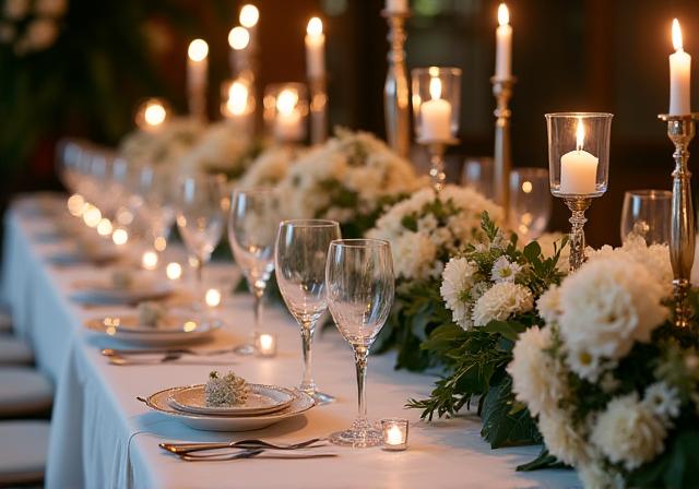 A beautifully decorated wedding reception table with elegant floral arrangements.