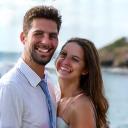Smiling couple Liam and Sophie by the coastline